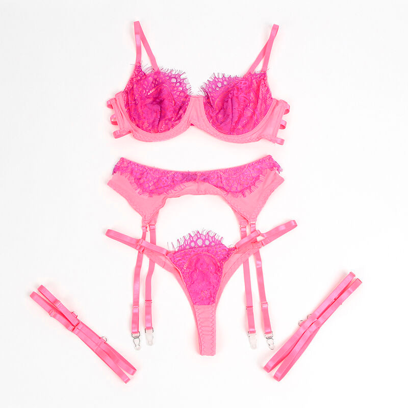 SUBBLIME - 955359 BH-SET MIT SPITZE UND STRUMPFBÄNDERN ROSA UND LILA S/M
