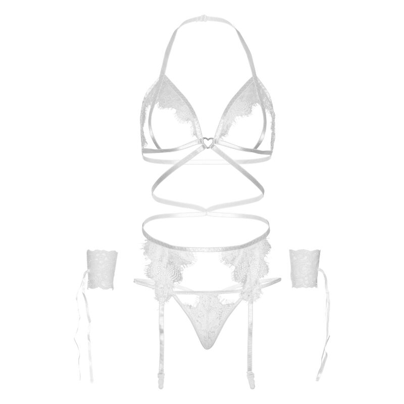 LEG AVENUE SET CUATRO PIEZAS SUJETADOR, LIGUERO, TANGA Y PUÑOS TALLA UNICA - NEGRO