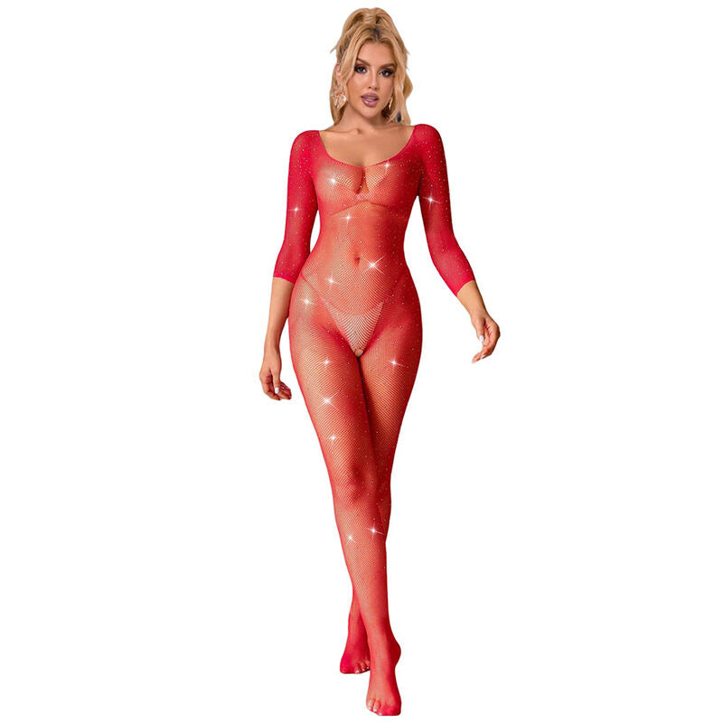SUBBLIME - 952419 NETZ-BODYSTOCKING MIT DIAMANTEN LANGARM ROT EINE GRÖSSE