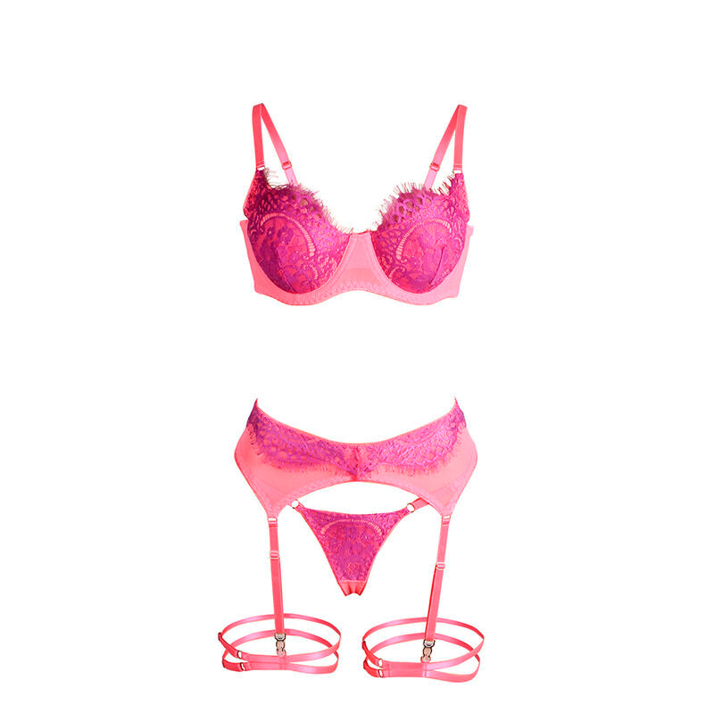 SUBBLIME - 955366 BH-SET MIT SPITZE UND STRUMPFBAND ROSA UND LILA L/XL